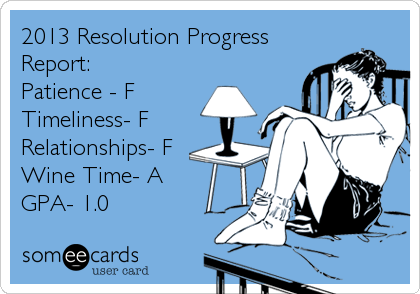 2013 Resolution Progress
Report:
Patience - F
Timeliness- F
Relationships- F
Wine Time- A
GPA- 1.0