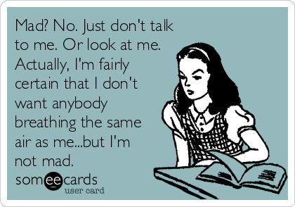 Mad? No. Just don't talk
to me. Or look at me.
Actually, I'm fairly
certain that I don't
want anybody
breathing the same 
air as me...but I'm
not mad.