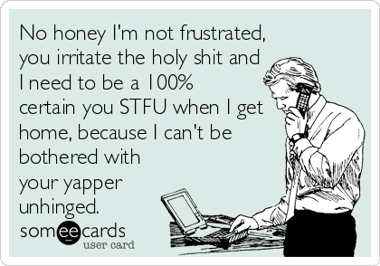 No honey I'm not frustrated,
you irritate the holy shit and
I need to be a 100%
certain you STFU when I get
home, because I can't be
bothered with
your yapper
unhinged.