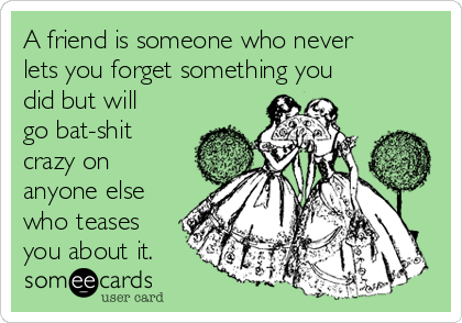 A friend is someone who never
lets you forget something you
did but will
go bat-shit
crazy on
anyone else
who teases
you about it.