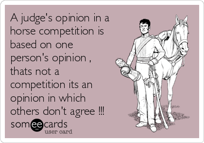 A judge's opinion in a
horse competition is
based on one
person's opinion ,
thats not a
competition its an
opinion in which
others don't agree !!!