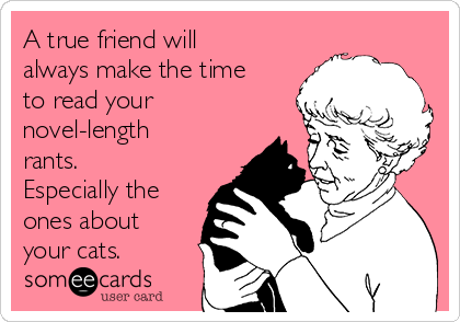 A true friend will
always make the time
to read your
novel-length
rants.
Especially the
ones about
your cats.