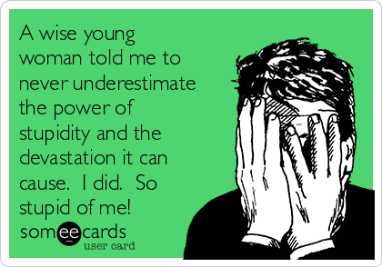 A wise young
woman told me to
never underestimate
the power of
stupidity and the
devastation it can
cause.  I did.  So
stupid of me!