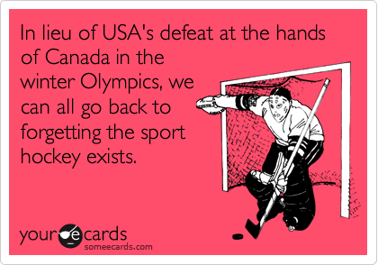 In lieu of USA's defeat at the hands of Canada in the
winter Olympics, we
can all go back to
forgetting the sport
hockey exists.