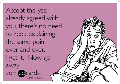 Accept the yes.  I
already agreed with
you, there's no need
to keep explaining
the same point
over and over.  
I get it.  Now go
away.