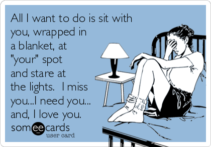 All I want to do is sit with
you, wrapped in
a blanket, at
"your" spot
and stare at
the lights.  I miss
you...I need you...   
and, I love you.