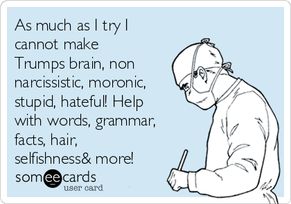 As much as I try I
cannot make
Trumps brain, non
narcissistic, moronic,
stupid, hateful! Help
with words, grammar,
facts, hair,
selfishness& more!