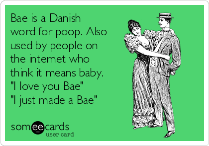 Bae is a Danish
word for poop. Also
used by people on
the internet who
think it means baby.
"I love you Bae"
"I just made a Bae"