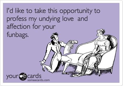 I'd like to take this opportunity to profess my undying love  and affection for your 
funbags.