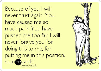 Because of you I will
never trust again. You
have caused me so
much pain. You have
pushed me too far. I will
never forgive you for
doing this to me, for
putting me in this position.