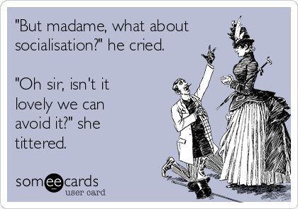 "But madame, what about
socialisation?" he cried.

"Oh sir, isn't it
lovely we can
avoid it?" she
tittered. 
