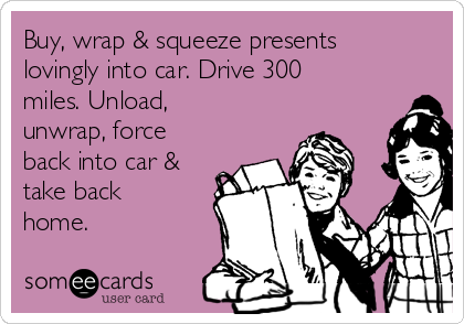 Buy, wrap & squeeze presents
lovingly into car. Drive 300
miles. Unload,
unwrap, force
back into car &
take back
home.