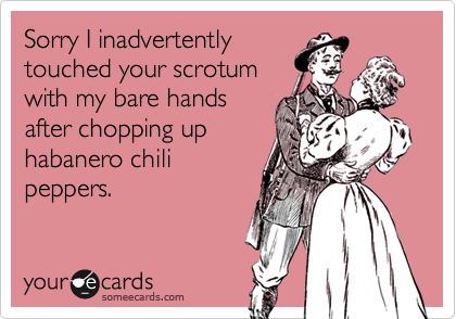 Sorry I inadvertently
touched your scrotum
with my bare hands
after chopping up
habanero chili
peppers.