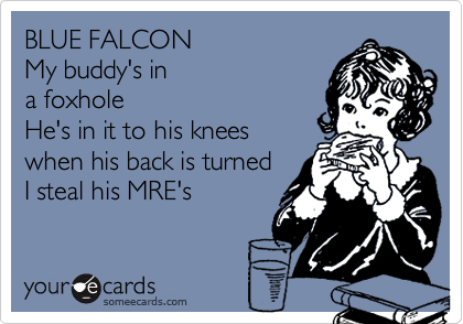 BLUE FALCONMy buddy's ina foxholeHe's in it to his kneeswhen his back is turnedI steal his MRE's