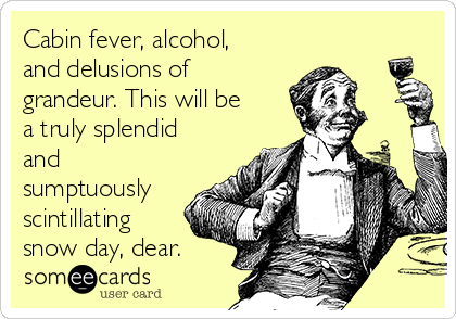 Cabin fever, alcohol,
and delusions of
grandeur. This will be
a truly splendid
and
sumptuously
scintillating
snow day, dear.