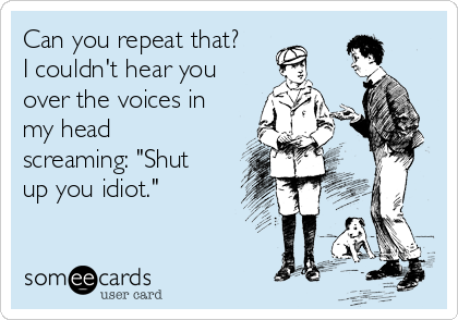 Can you repeat that?
I couldn't hear you
over the voices in
my head
screaming: "Shut
up you idiot."