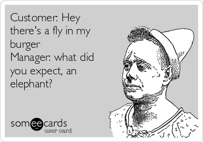 Customer: Hey
there's a fly in my
burger
Manager: what did
you expect, an
elephant? 