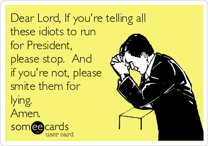 Dear Lord, If you're telling all
these idiots to run
for President,
please stop.  And
if you're not, please
smite them for
lying.
Amen.