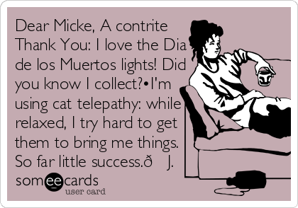 Dear Micke, A contrite
Thank You: I love the Dia
de los Muertos lights! Did
you know I collect?•I'm 
using cat telepathy: while
relaxed, I try hard to get
them to bring me things. 
So far little success.?J.