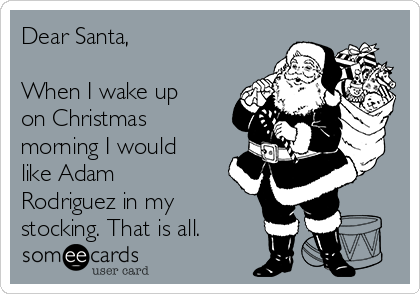 Dear Santa,

When I wake up
on Christmas
morning I would
like Adam
Rodriguez in my 
stocking. That is all.