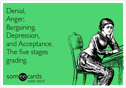 Denial, 
Anger, 
Bargaining, 
Depression, 
and Acceptance.
The five stages
grading.