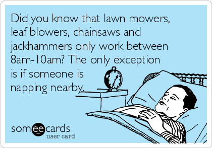 Did you know that lawn mowers,
leaf blowers, chainsaws and
jackhammers only work between
8am-10am? The only exception
is if someone is
napping nearby.