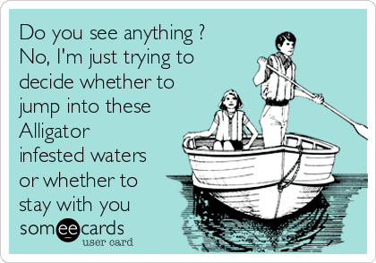 Do you see anything ?
No, I'm just trying to
decide whether to
jump into these
Alligator
infested waters
or whether to
stay with you