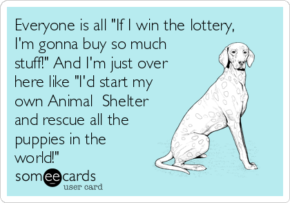 Everyone is all "If I win the lottery,
I'm gonna buy so much
stuff!" And I'm just over
here like "I'd start my
own Animal  Shelter
and rescue all the
puppies in the
world!"