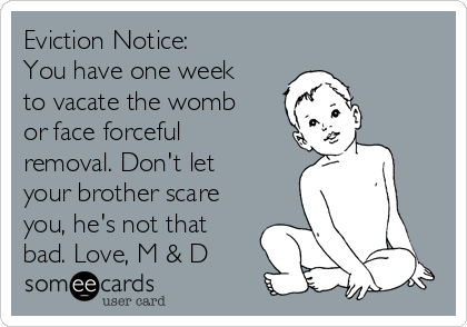 Eviction Notice:
You have one week
to vacate the womb
or face forceful
removal. Don't let
your brother scare
you, he's not that
bad. Love, M & D