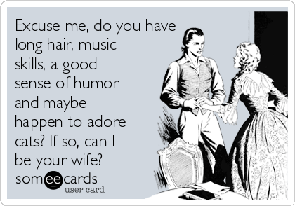 Excuse me, do you have
long hair, music
skills, a good
sense of humor
and maybe
happen to adore
cats? If so, can I
be your wife?