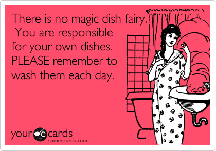 There is no magic dish fairy.
 You are responsible 
for your own dishes. 
PLEASE remember to 
wash them each day.
