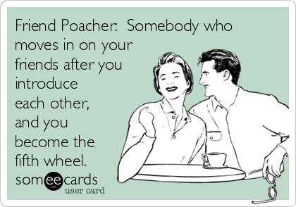 Friend Poacher:  Somebody who
moves in on your
friends after you
introduce
each other,
and you
become the
fifth wheel.