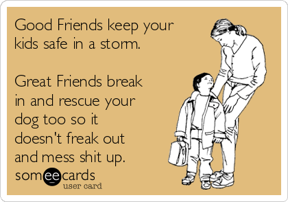 Good Friends keep your
kids safe in a storm.

Great Friends break
in and rescue your
dog too so it
doesn't freak out
and mess shit up.