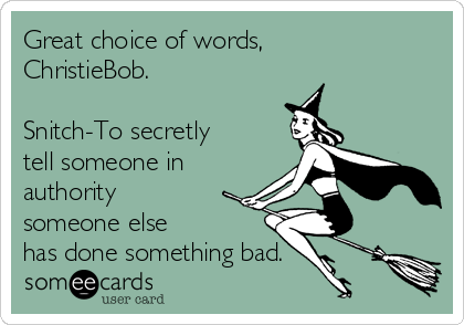 Great choice of words,
ChristieBob.

Snitch-To secretly
tell someone in
authority
someone else
has done something bad. 