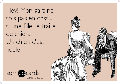 Hey! Mon gars ne
sois pas en criss... 
si une fille te traite
de chien. 
Un chien c'est
fidèle