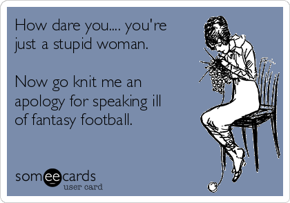 How dare you.... you're
just a stupid woman.

Now go knit me an
apology for speaking ill
of fantasy football. 