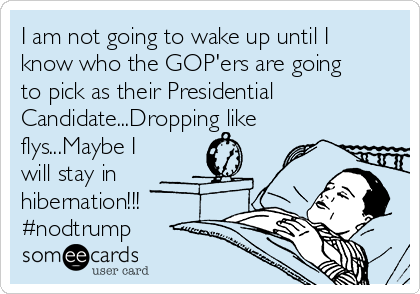 I am not going to wake up until I
know who the GOP'ers are going
to pick as their Presidential
Candidate...Dropping like
flys...Maybe I
will stay in
hibernation!!!
#nodtrump