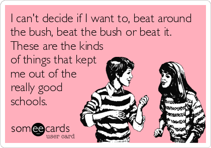 I can't decide if I want to, beat around
the bush, beat the bush or beat it.
These are the kinds
of things that kept
me out of the
really good
schools. 