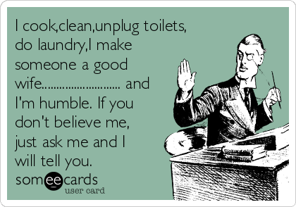 I cook,clean,unplug toilets,
do laundry,I make
someone a good
wife........................... and
I'm humble. If you
don't believe me,
just ask me and I
will tell you.