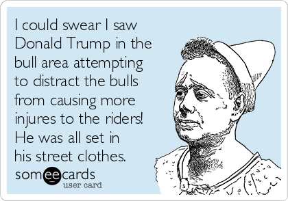 I could swear I saw
Donald Trump in the
bull area attempting
to distract the bulls
from causing more
injures to the riders!
He was all set in
his street clothes.