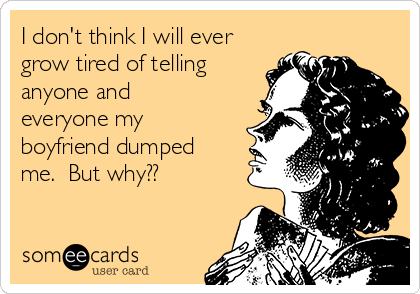 I don't think I will ever
grow tired of telling
anyone and 
everyone my
boyfriend dumped
me.  But why??