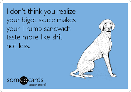 I don't think you realize
your bigot sauce makes
your Trump sandwich
taste more like shit,
not less. 