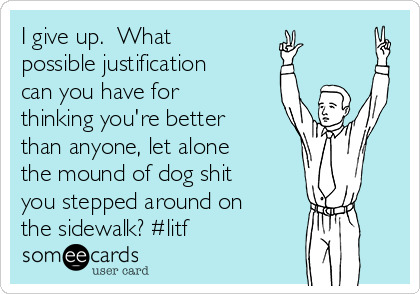 I give up.  What
possible justification
can you have for
thinking you're better
than anyone, let alone
the mound of dog shit
you stepped around on
the sidewalk? #litf