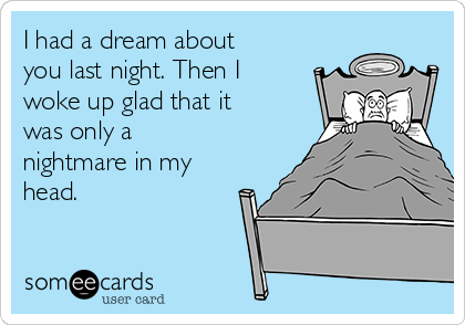 I had a dream about
you last night. Then I
woke up glad that it
was only a
nightmare in my
head.