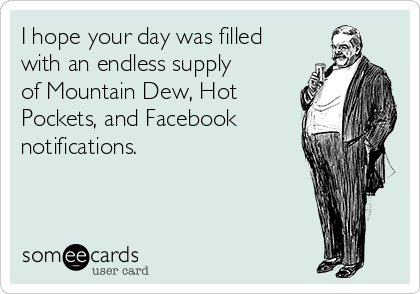 I hope your day was filled
with an endless supply
of Mountain Dew, Hot
Pockets, and Facebook
notifications.