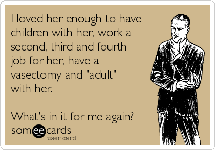 I loved her enough to have
children with her, work a
second, third and fourth
job for her, have a
vasectomy and "adult"
with her. 

What's in it for me again?