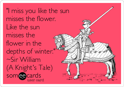 "I miss you like the sun
misses the flower.
Like the sun
misses the
flower in the
depths of winter."
~Sir William
(A Knight's Tale)