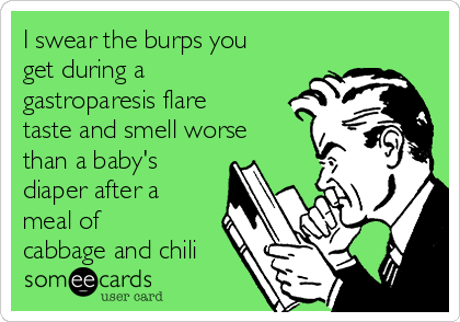 I swear the burps you
get during a
gastroparesis flare
taste and smell worse
than a baby's
diaper after a
meal of
cabbage and chili