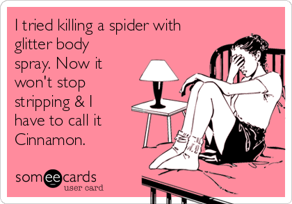 I tried killing a spider with
glitter body
spray. Now it
won't stop
stripping & I
have to call it
Cinnamon.