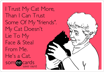 I Trust My Cat More,
Than I Can Trust
Some Of My "friends".
My Cat Doesn't
Lie To My
Face & Steal
From Me.
He's a Cat.